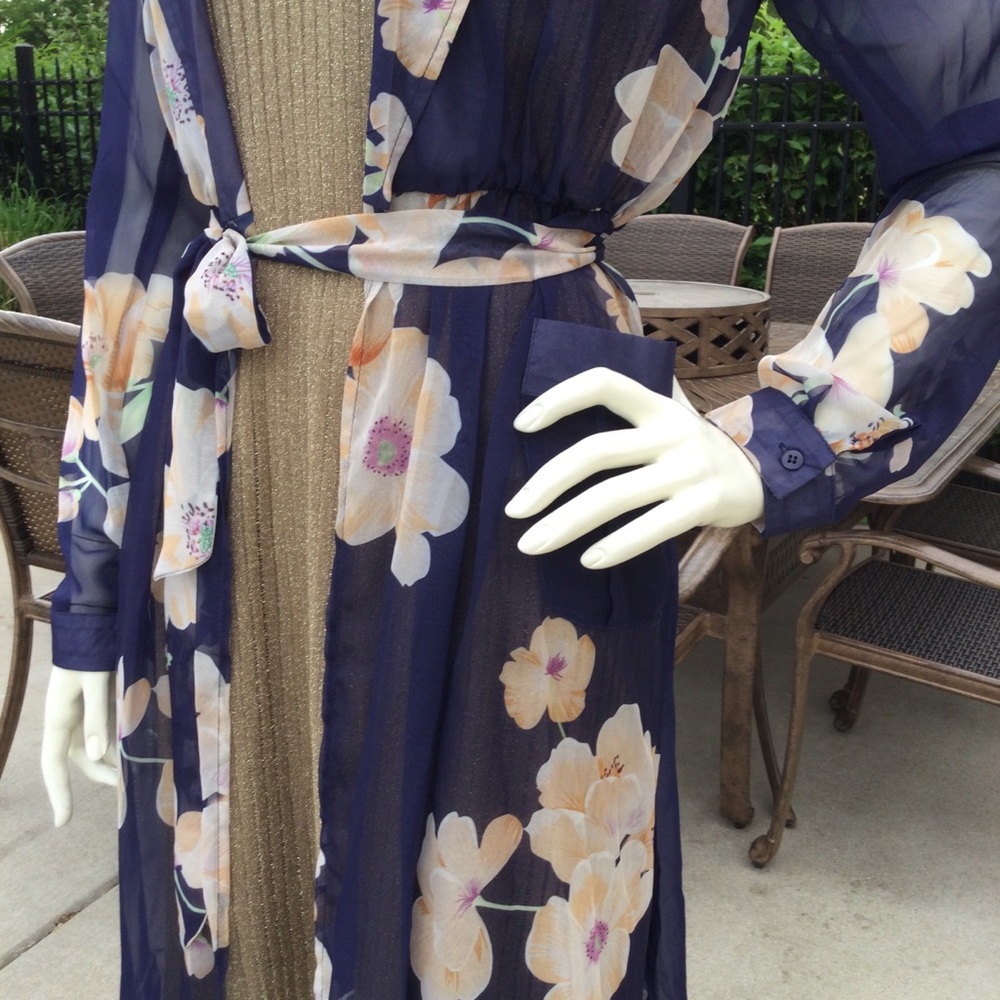 SHEER floral long 3/4 sleeve duster maxi COVER UP - Picture 11 of 16